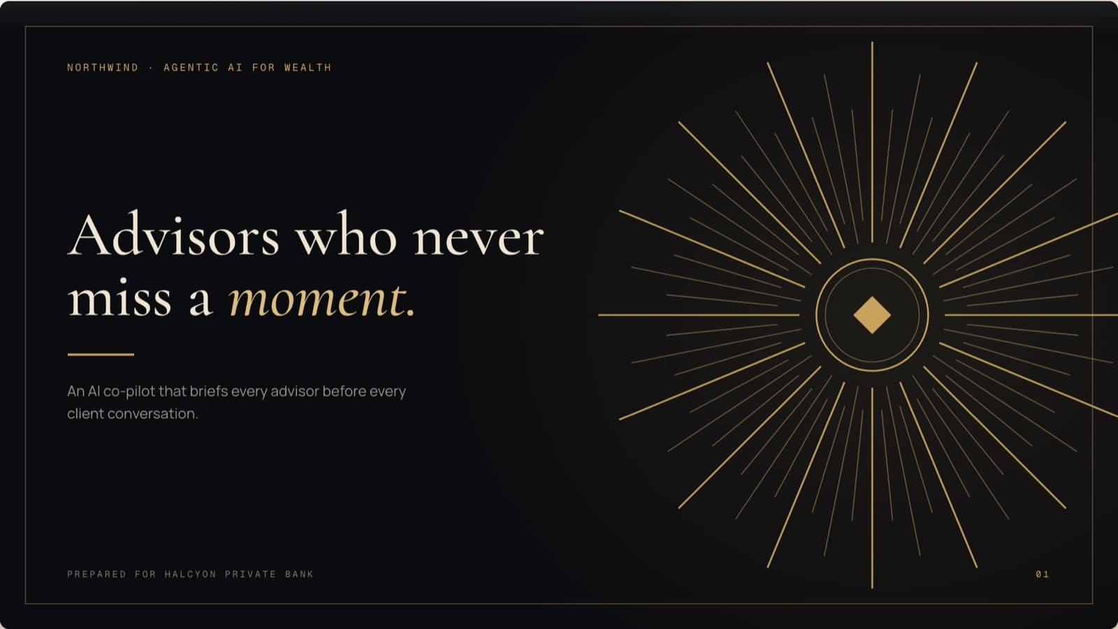 The cover of a sales deck for a private bank: Advisors who never miss a moment.